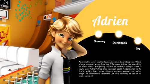 miraculeusecoccinelle:  Character descriptions of the cast of Miraculous Ladybug! Featuring Ladybug, Marinette, Adrien, Cat Noir, Tikki, Plagg, Chloe, Alya, and Nino!Visit the official Ladybug sitehttp://www.miraculousladybug.com/