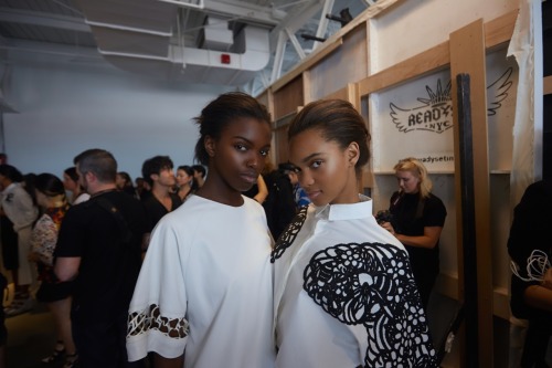 Fun faces with Leomie Anderson and Samantha Archibald backstage at the KYE SS15 Fashion Show in New 