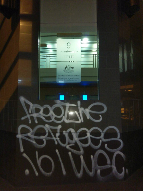 Sydney, Australia: Graffiti on the Department of Immigration HQ in Solidarity with Manus Island Refu