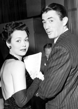 janiewyman:  Jane Wyman and Gregory Peck, holding a script during a Screen Guild Players rehearsal,1948 