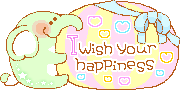 a gif of a green elephant holding a pink and yellow striped ball with a blue bow and the words 'i wish your happiness' on it