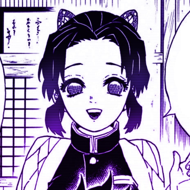 an icon of shinobu from demon slayer manga. it has a purple color overlay. she looks cheerfully at the viewer as she speaks.