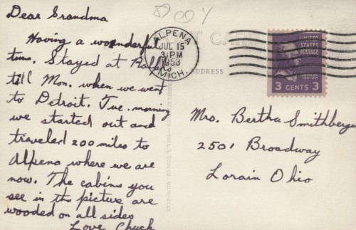 Postcard, Opechee Motel, Long Lake, Michigan, sent 1953.