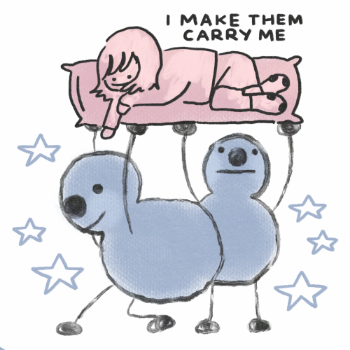 The two blue guys carry a girl on a large pillow. Text reads: "I make them carry me".