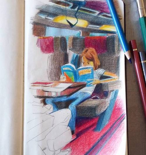 Colored pencils observational sketch on the way to Marseille. #picsou #picsoumagazine #kids #train #