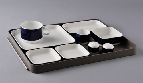 Hans Theo Baumann, Lufthansa on-board service, 1976. Porcelain, tray: plastics. Made by Hutschenreut