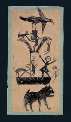 thunderstruck9:  Bill Traylor (American, c.1854-1949), Untitled (Figures and Construction with Blue Border), c.1941. Poster paint and pencil on cardboard, 15 ½ x 8 in. morevia nobrashfestivity