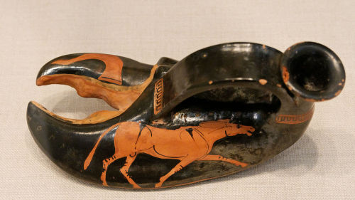 lionofchaeronea:A donkey, painted on an Attic red-figure rhyton in the shape of a lobster claw.  Att