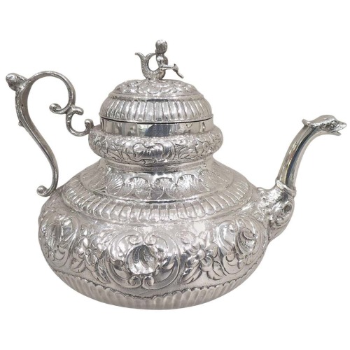 bebemoon:antique mid-18th century (1750) sterling silver dutch teapot, finely chased with maritime d