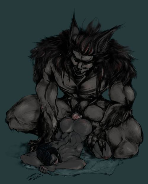 deks-dm:Commission for @nekofapsit of her OC Aiden and my werewolf, Lochlin. Clean and Messy versions. 