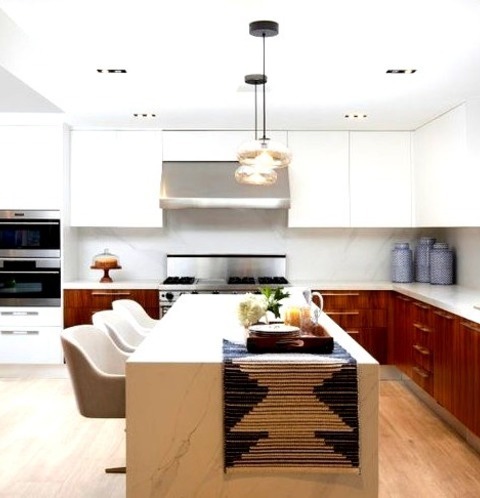 Enclosed Kitchen MiamiLarge Beach Style L-shaped Medium Tone Wood Floor And Brown Floor Enclosed Kitchen