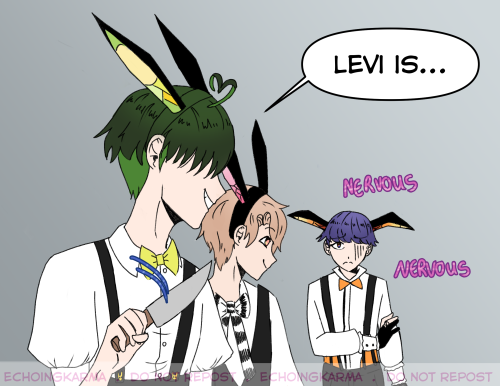I thought of this as soon as I saw Asmo’s bunny ears.Poor Levi. Imagine being stuck helping out in t
