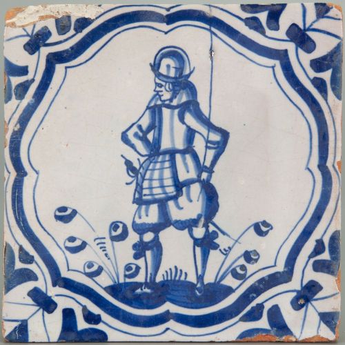 Nice Dutch Delft Blue tile, rat-catcher, first half 17th century.Nice Dutch Delft Blue tile, pikeman