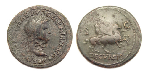 Sestertius of Nero, countermarked with an “X” for the Legio X Gemina.  On the obverse, a bust of Ner