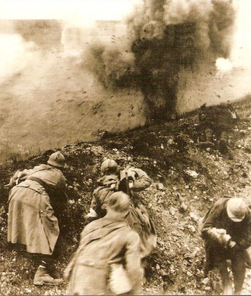 greatwar-1914:May 7, 1916 - Verdun: Germans Capture Côte 304 Pictured - French troops take cover dur