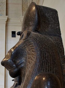 amntenofre:    detail of a statue of the Goddess Sekhmet, lioness-headed and wearing the Solar disk with the Uraeus. Dated to the reign of King Amenhotep III (ca. 1390–1352 BCE). Now in the Louvre Museum…  