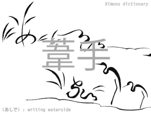 (あしでもんよう - ashide monyo ) : painting representing a waterside made by using characters (Heian period