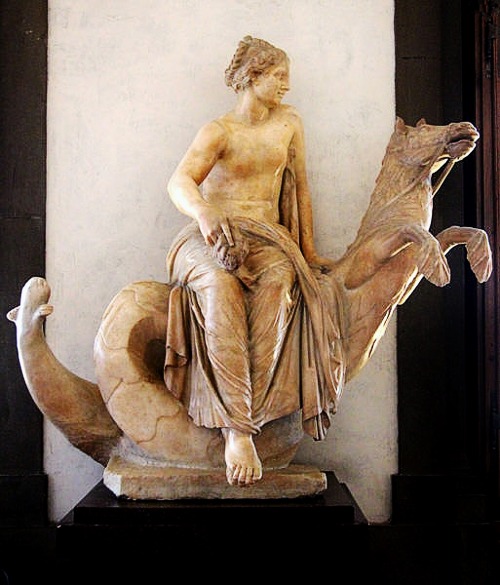 hadrian6: Statue of Nereide on Seahorse. Roman 1st.century. copy after Hellenistic original at Uffiz
