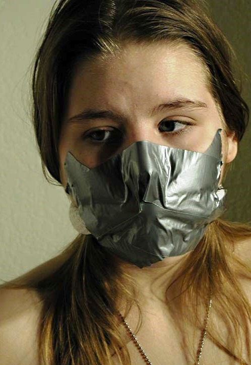 Breath control with a duct tape gag. Bondage and fetish images @  Art of Bondage