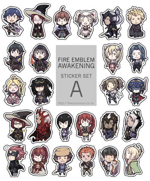 heichounism:  Fire Emblem: Awakening Sticker Sets for Cosmania Including all 49 playable characters plus masked!Lucina and both genders of Morgan and Avatar.  Each set consists of 26 characters. Also on sale at Storenvy for con funding ; v ; 