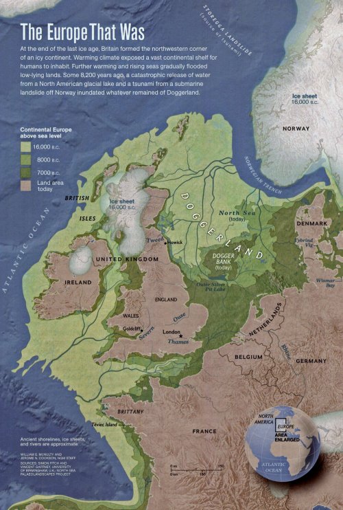 lucienballard:  Doggerland. A map showing Doggerland, a region of northwest Europe home to Mesolithic people before sea level rose to inundate this area and create the Europe we are familiar with today. Map via National Geographic magazine.   Cool never