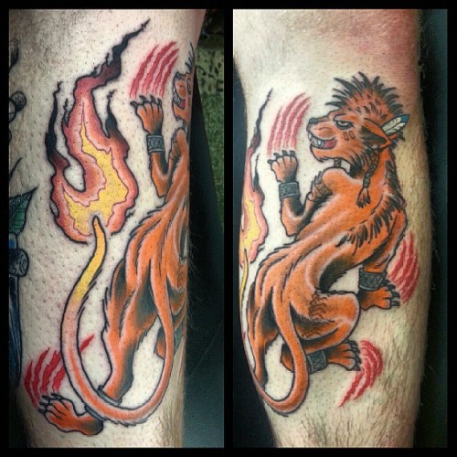 This was a nifty combo of Disneys Lion King meets Final Fantasys Red 13  love these illustrated tattoos  Tattoos by Aaron Broke