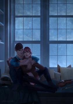 imnotgabrielle:    For the first time I participated in the Secret Santa exchange this year and this illustration is my gift for my ss Naomi from deviantArt.  I had so much fun painting her characters (Silius and Ysara) - this is also the first “romantic”