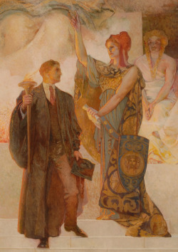 blastedheath:  colourthysoul Edwin Howland Blashfield (American, 1848-1936), The Graduate (detail of central figures), 1907-08. Oil in canvas, wall mounted, 22’ x 43’ 11’. Shepard Hall Great Hall, City College, New York. 