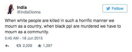 caliphorniaqueen:  gurl:  22 Twitter Reactions To The #CharlestonShooting That Will Really Make You Think   “when white people are killed in such a manner, we mourn as a country. When black people are murdered we have to mourn as a community”that