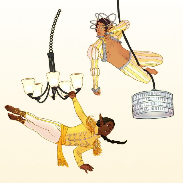 A drawing of two elves. The elf on the left has brown skin, long black hair in a braid, and a slight build. He is wearing a tight, long-sleeve yellow top with epaulets, a yellow sash, and white tights. He is hanging from a black light fixture. The elf on the right has tan skin, short, brown hair, a slight build, and visible surgery scars on his chest. He is wearing a striped puffy bolero jacket with matching tights, and a headpiece of silver rings around their head. He is hanging from a sparkling, circular light fixture.