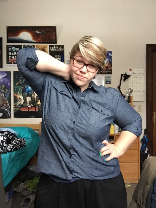 chubbyqueerstyle: Too cute to be this cold ugh yes, i love a good chambray/skirt outfit and that t