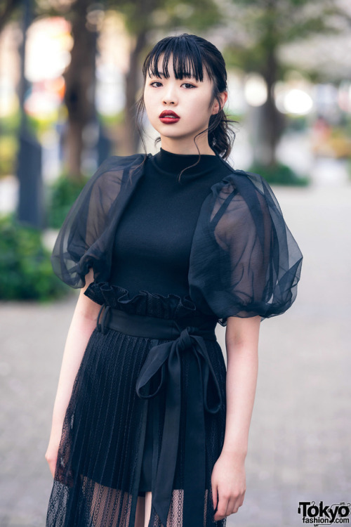 tokyo-fashion:  18-year-old Japanese model Mashiro on the street in Tokyo wearing a sheer dress with a pleated skirt by Snidel and Kiko Mizuhara for Office Kiko platform shoes. Full Look