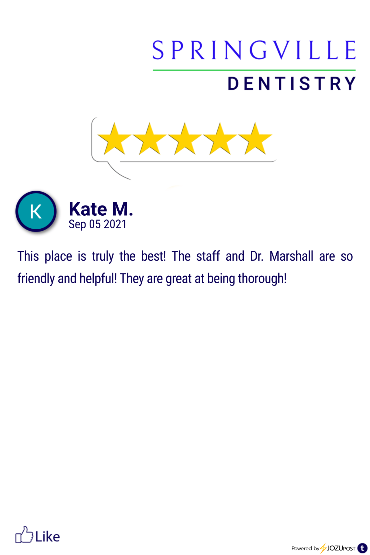 We appreciate our patients!
Here is our latest Five-Star Review from Kate M. We love to recognize those patients that take the time to fill out a review and let us know how we are doing.
Here is what Kate M. had to say: “This place is truly the best!...