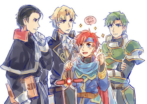 anopuff:doodle of my current horse emblem team which consists of three large blue men and one smol b