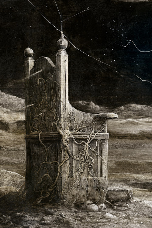 santiagocaruso:  “The Throne of Caos” by Santiago Caruso / Ink & scratch on plastered paper / 2014 Cover of the book “Extraños Eones” by Emilio Bueso, Valdemar 2014 www.santiagocaruso.com.ar