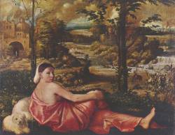 Giovanni Cariani (Giovanni Busi called il Cariani; Fuipiano al Bembo, Bergamo 1485 - Venezia 1547); Resting maiden with a white dog in a landscape, c. 1510; oil on panel, 94 x 74 cm; Gemäldegalerie der Staatlichen Museen, Berlin