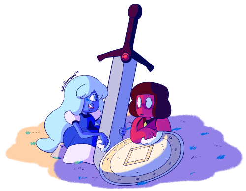 dailykitkats:    Sapphire - ‘Mind if I help?’ Ruby - ‘Oh..! Uh…s-sure…’  Daily #164 Rupphire Bomb Day 1 - Beginnings ((I have a headcanon that grunts in the diamond armies had to polish/ do maintenance on other gem’s weapons not because