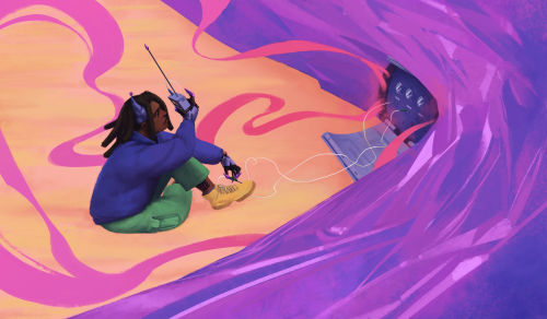 A colorful digital painting of a character operating a small radio-like device attached by cables to a giant purple crystal, as swirly pink graphic shapes flow out from inside it and surround the character. They are kneeling on the sandy ground with a knee up to their chest, face in profile looking up at the device. They are black and wear a baggy hoodie and pants. Their dreads give way to a horn coming out of a metal plate attached to their right temple, it matches their prosthetic hands, with sharp purple crystals for fingertips.