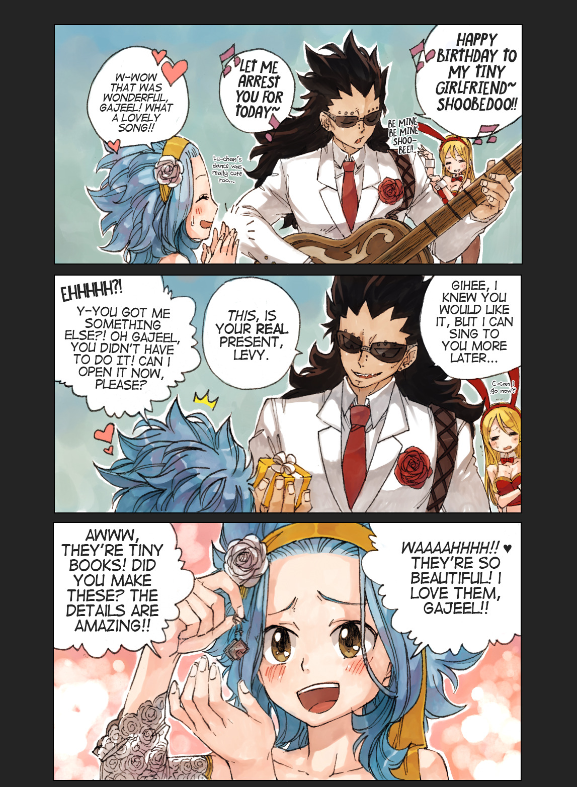 rboz:  Happy Birthday, LevyGajeel showing he’s a good boyfriend, even got Lucy