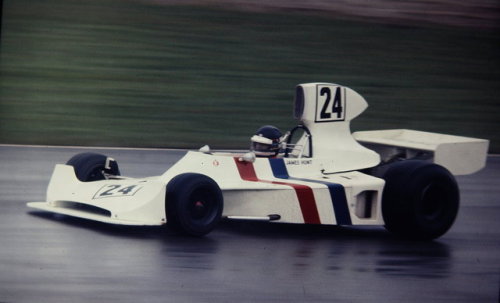 James Hunt in his Hesketh 308 at the 1974 Race of Champions, held at Brands Hatch.