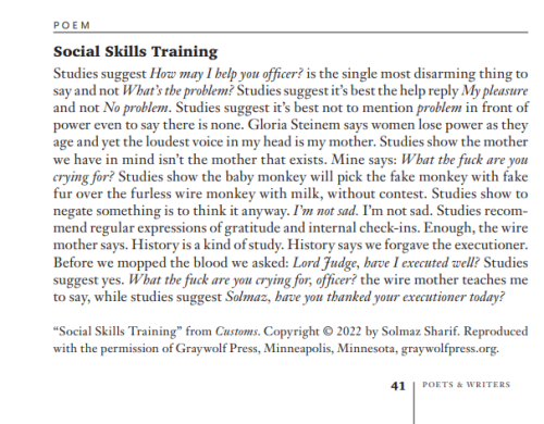 Solmaz Sharif’s poem “Social Skills Training” in the March/April issue of Poets & Writers Magazi