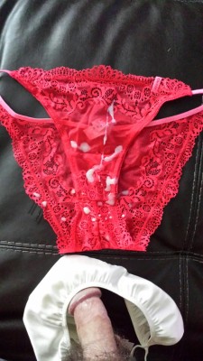 DKNY red, lacy panties doused with cum. I