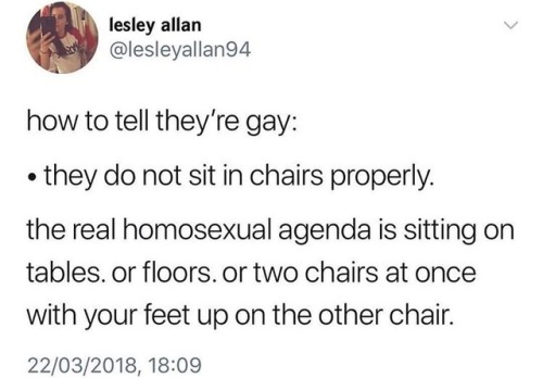 were-all-queer-here: I will NOT sit like a “lady”