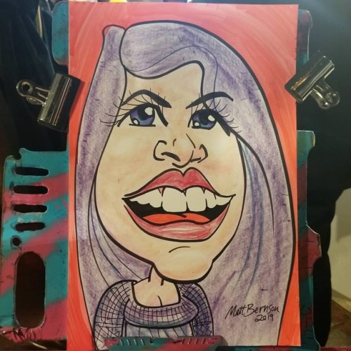 Doing caricatures at the  Pancakes & Booze Art Show tonight.  Got some paintings up and handing out stickers.    My purple lady strikes again, her wallpaper is caricatures hahaha.    #art #drawing #caricatures #painter #caricature  #artistsofinstagram