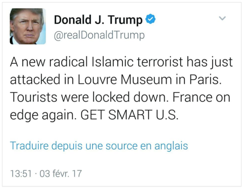 [First image: A tweet from Donald Trump’s personal account, dated 3rd February 2017, reading: “A new
