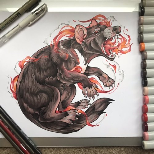 finished neo-traditional tasmanian devil spitting fire for a client. goes without saying, but this i