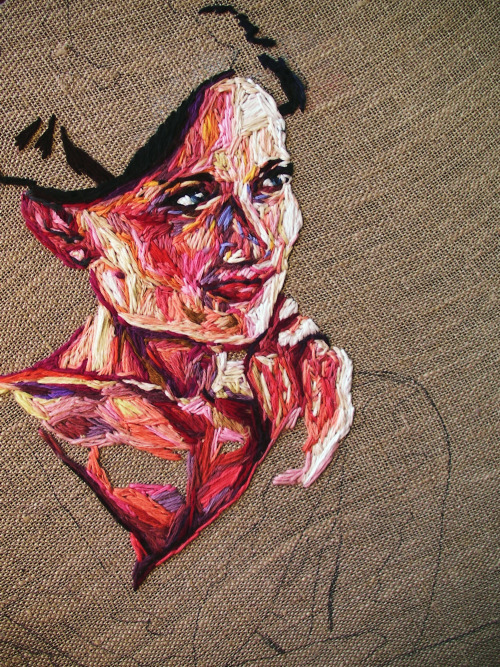 asylum-art:Julie Sarloutte: Embroidered PortraitsJulie Sarloutte is a French artist and graduate from the National School of Fine Arts  in Paris, France. She focuses on embroidery, but she isn’t making  clothes. Using string, Sarloutte creates pieces