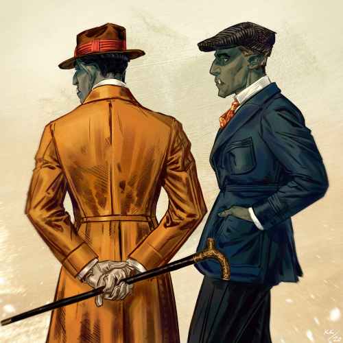 kriskukko:a vintage fashion ad, verily based on J.C. Leyendecker’s work – but it’s orcs now.