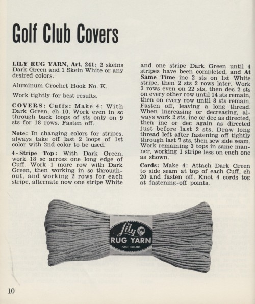 Lily Design Books No. 211, Lily Mills Company, Shelby, N.C., circa 1965. Crocheted golf club covers.