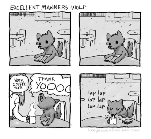 kaseybriannewilliams:Excellent Manners Wolf goes to his local coffee shop